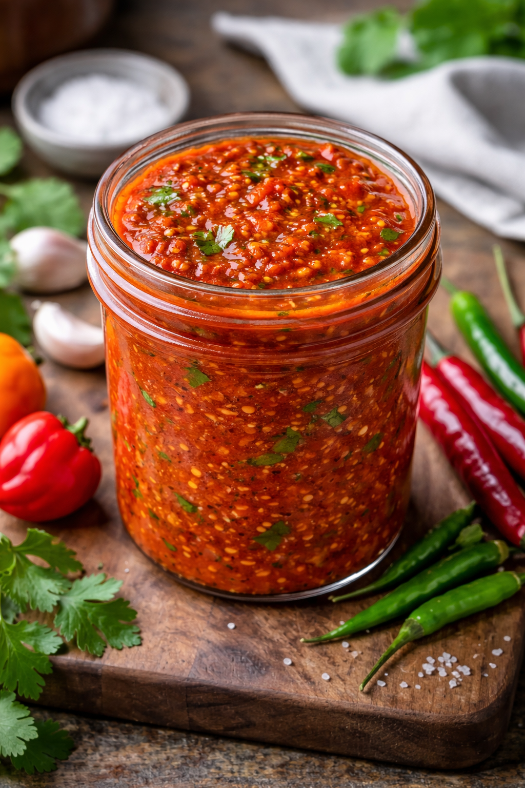 Bright red homemade chilli sauce with visible chilli seeds and coriander
